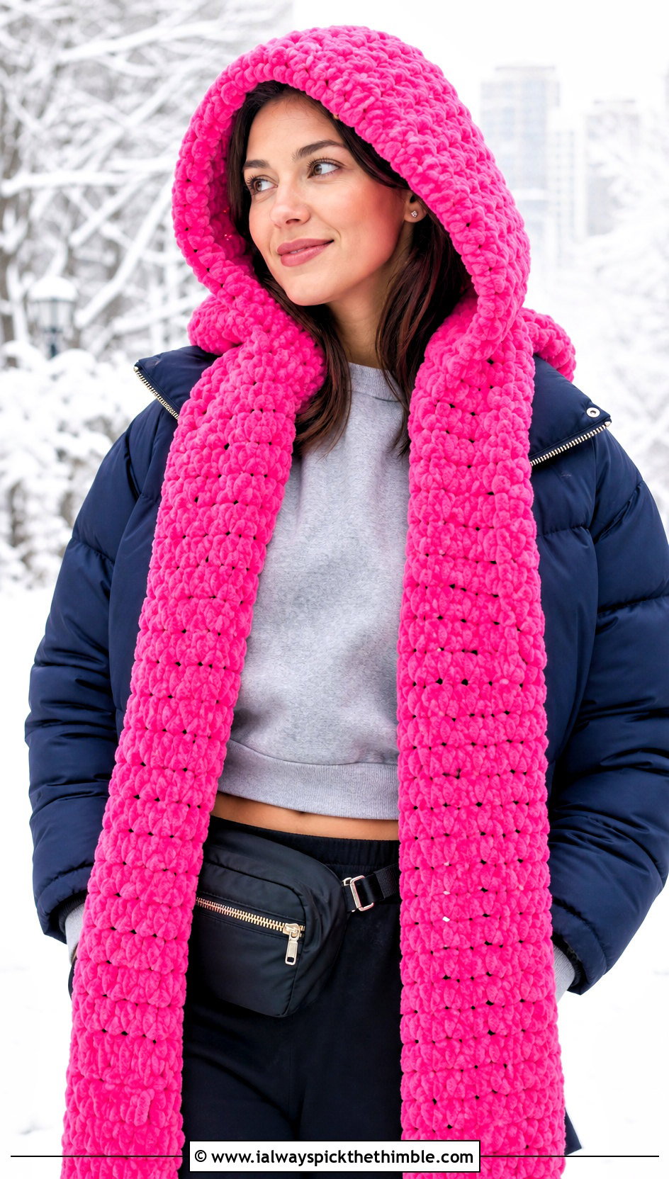 Hooded Crochet Velvet Scarf With Puffer Coat - 20 Crochet Velvet Scarf outfit ideas
