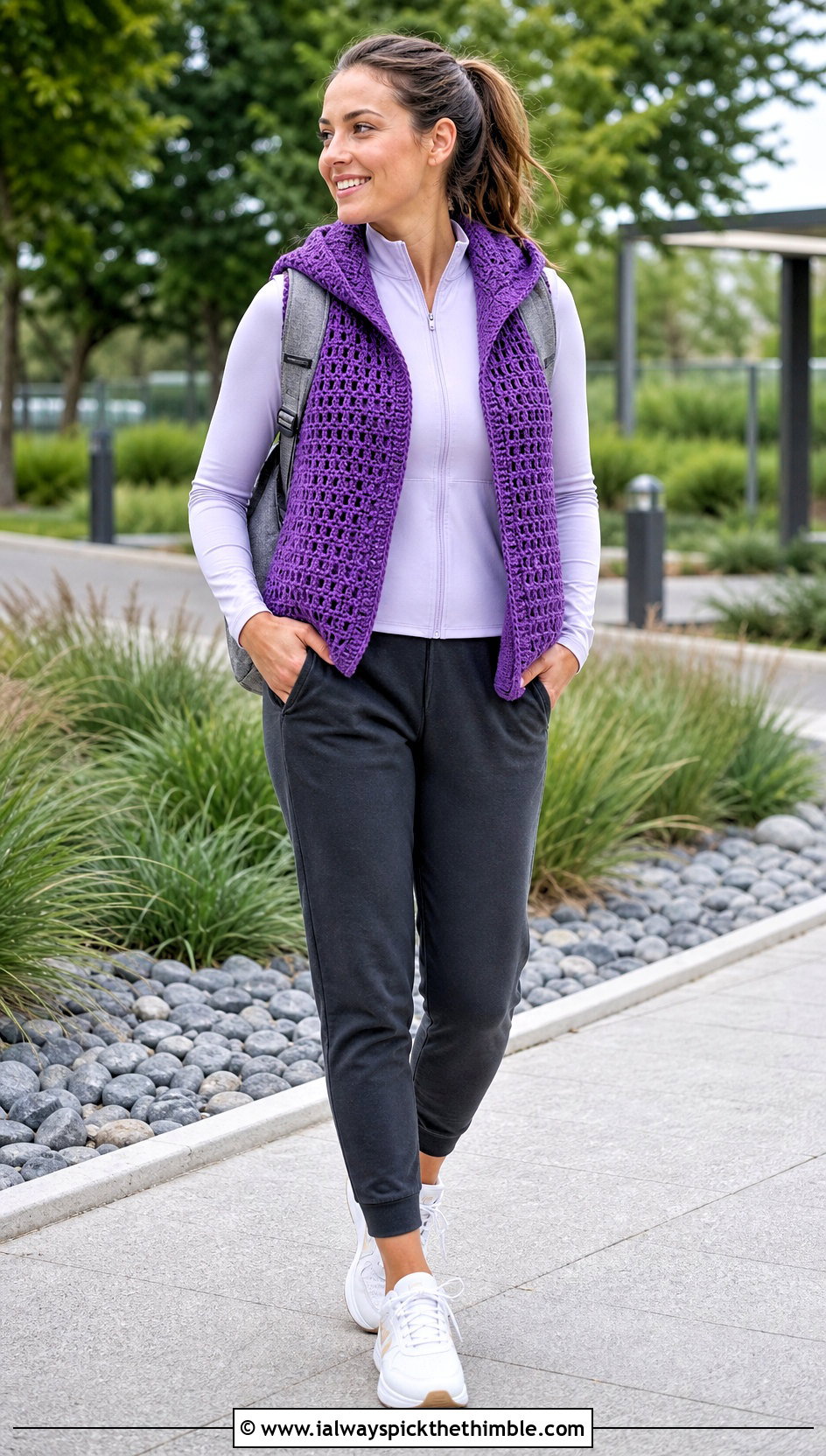 Hooded Crochet Vest With Joggers - 25 easy crochet vest outfit ideas