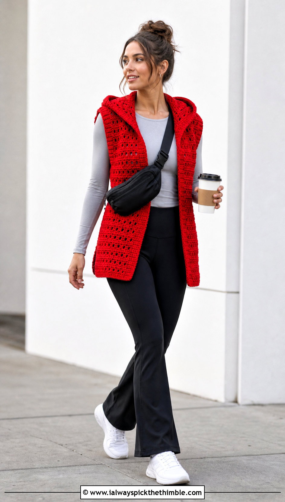 Hooded Crochet Vest With Leggings And Sneakers - 15 modern crochet vest outfit ideas