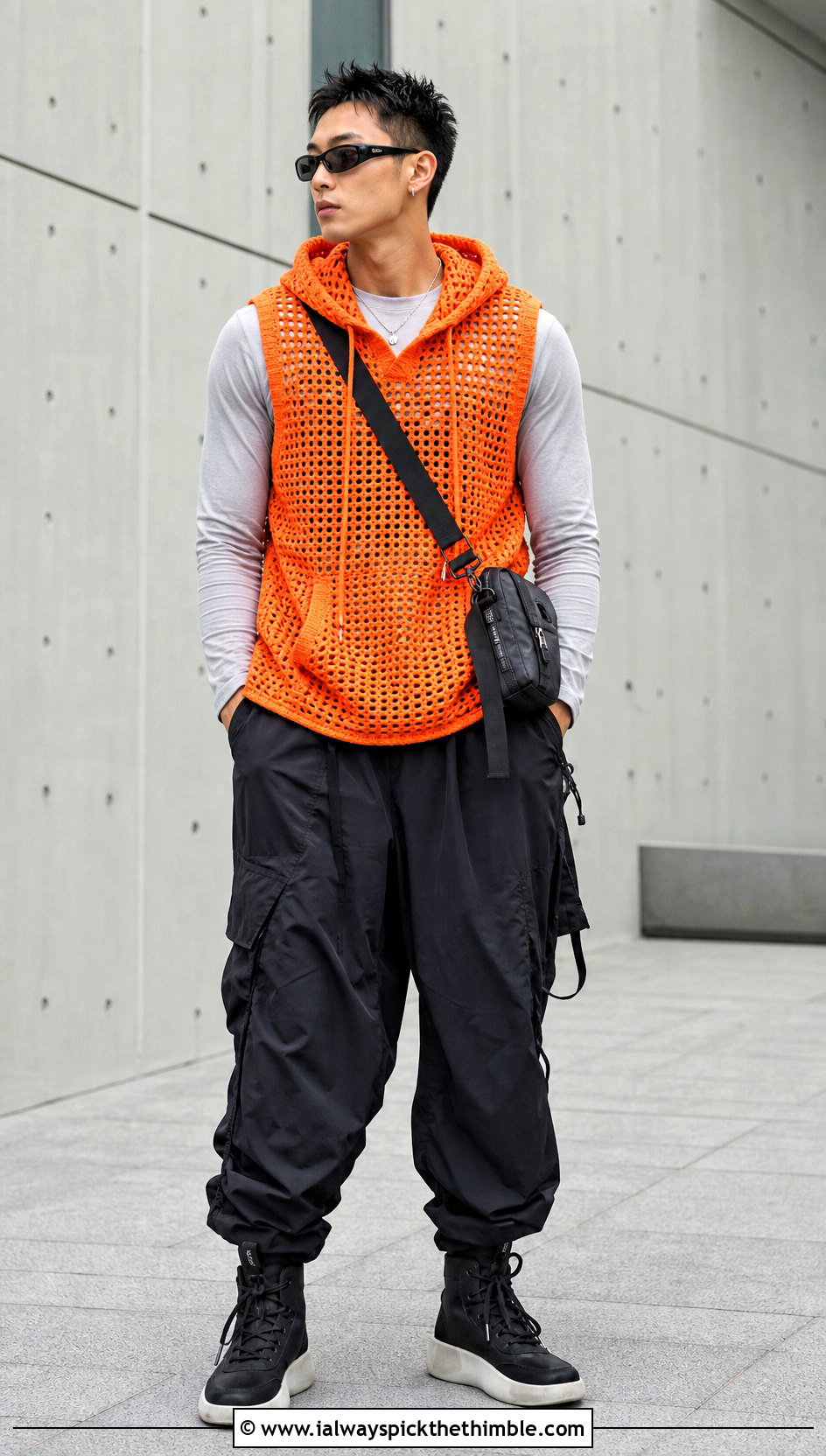 Hooded Crochet Vest With Long Sleeve Tee And Parachute Pants - 20 mens crochet vest outfit ideas