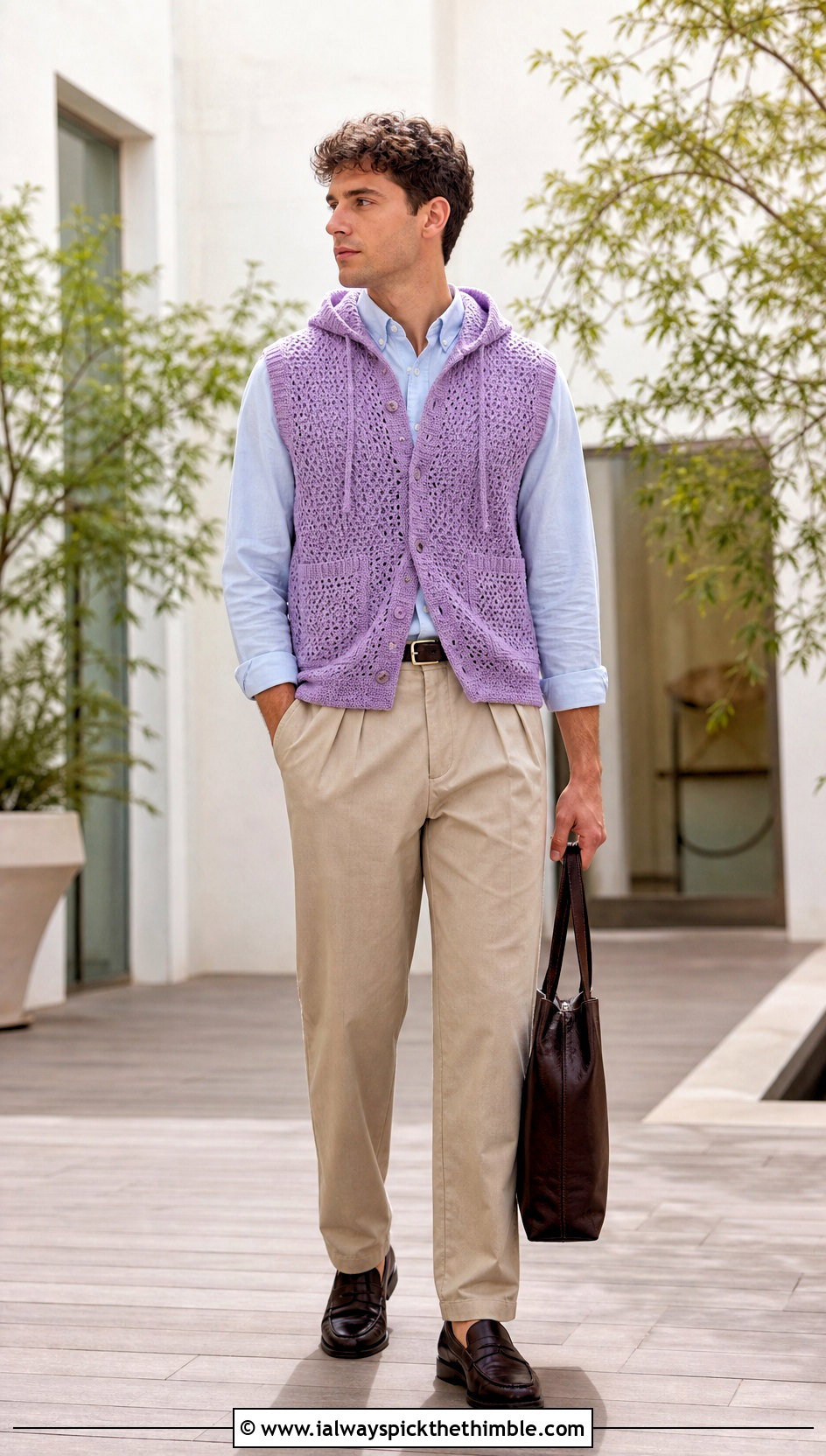 Hooded Crochet Vest With Oxford Shirt And Chinos - 20 Crochet Hoodies For Men outfit ideas