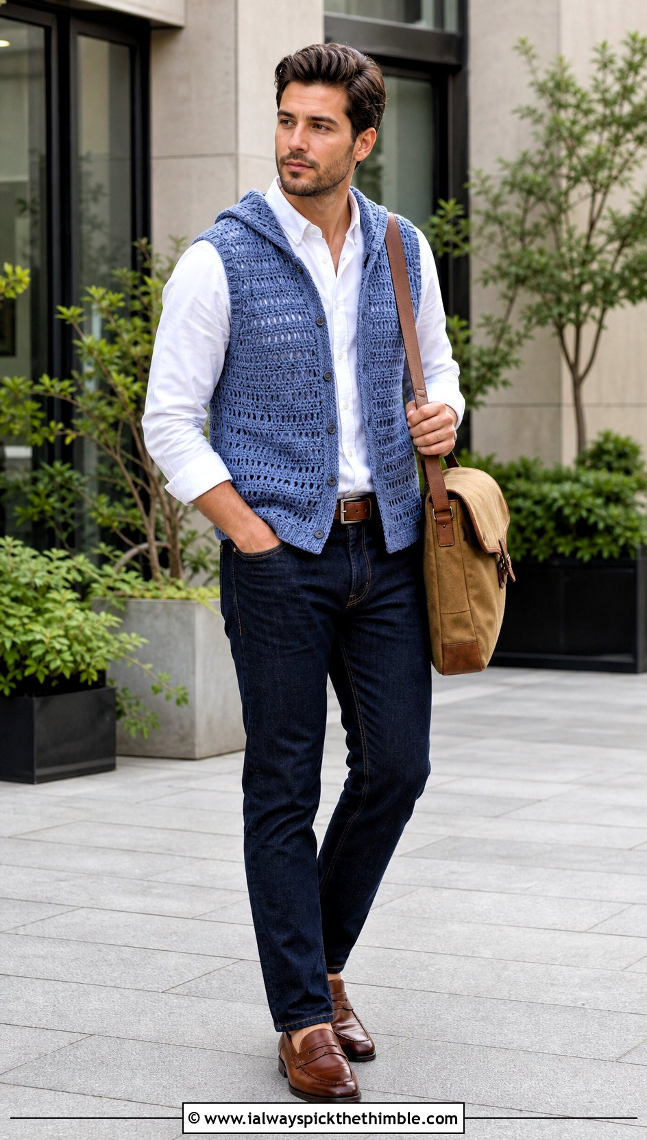Hooded Crochet Vest With Oxford Shirt - 20 Crochet Hoodie Men outfit ideas
