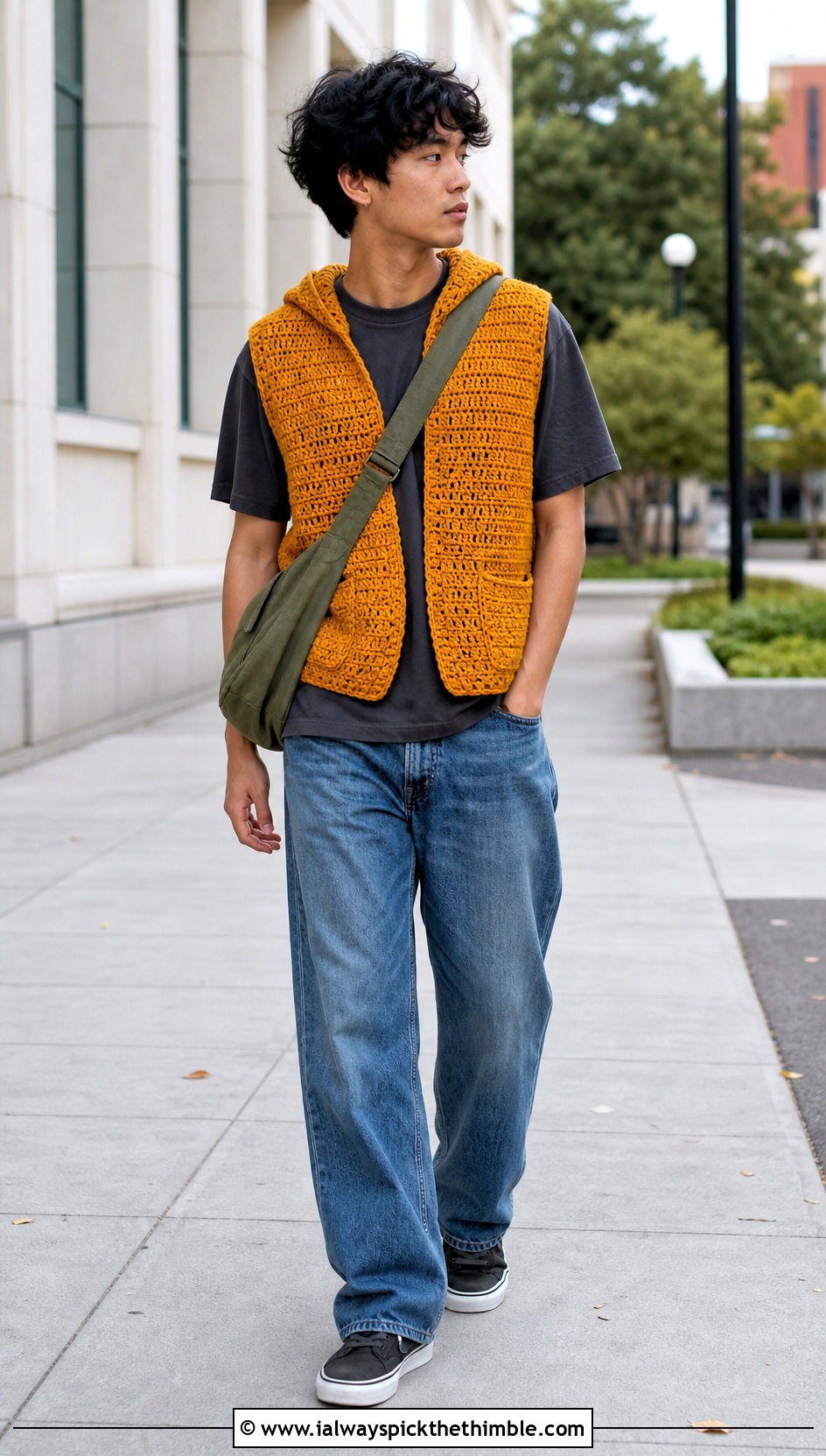 Hooded Crochet Vest With Relaxed Jeans - 25 crochet vest for men outfit ideas