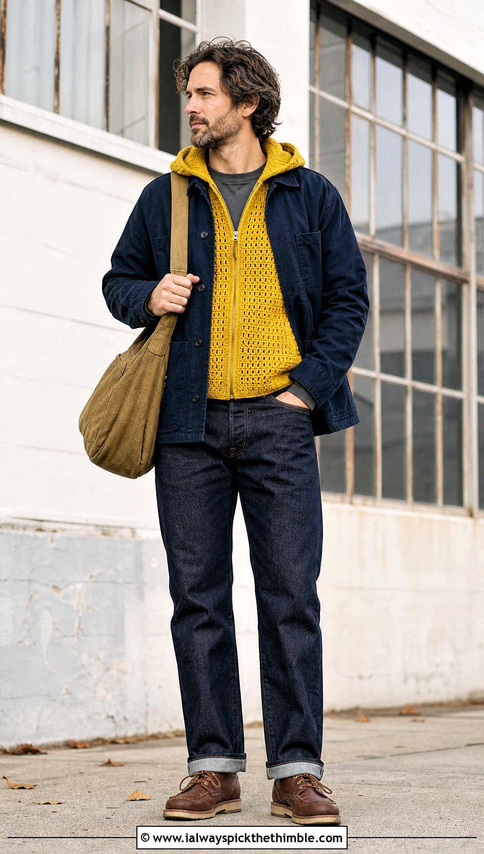 Hooded Crochet Vest With Workwear Jacket - 20 crochet mens hoodie outfit ideas