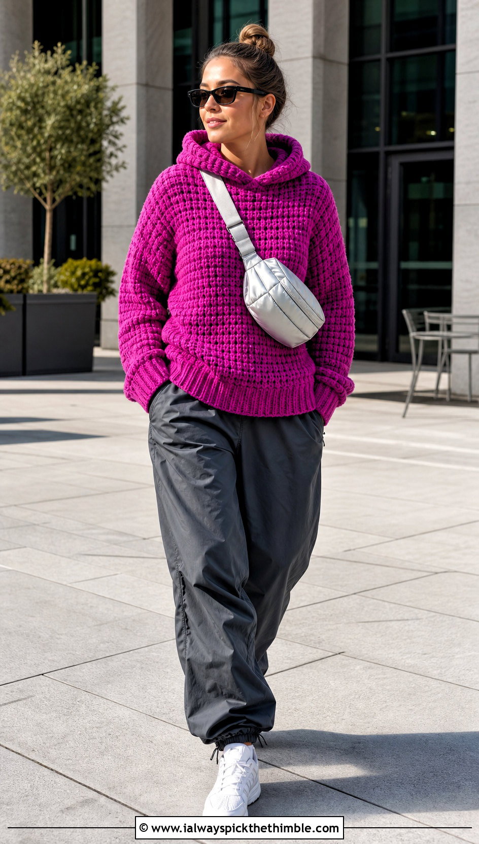 Hooded Crochet Waffle Sweater With Parachute Pants - 15 Crochet Waffle Sweater outfit ideas