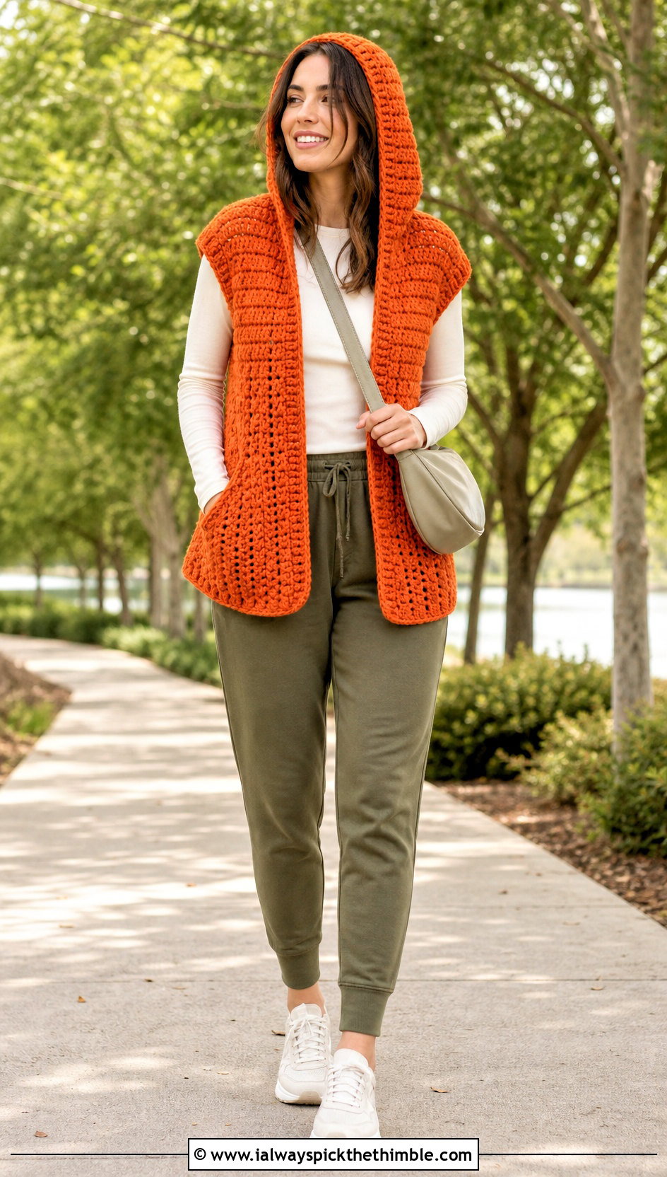 Hooded Crochet Waistcoat With Joggers - 25 crochet waistcoat outfit ideas