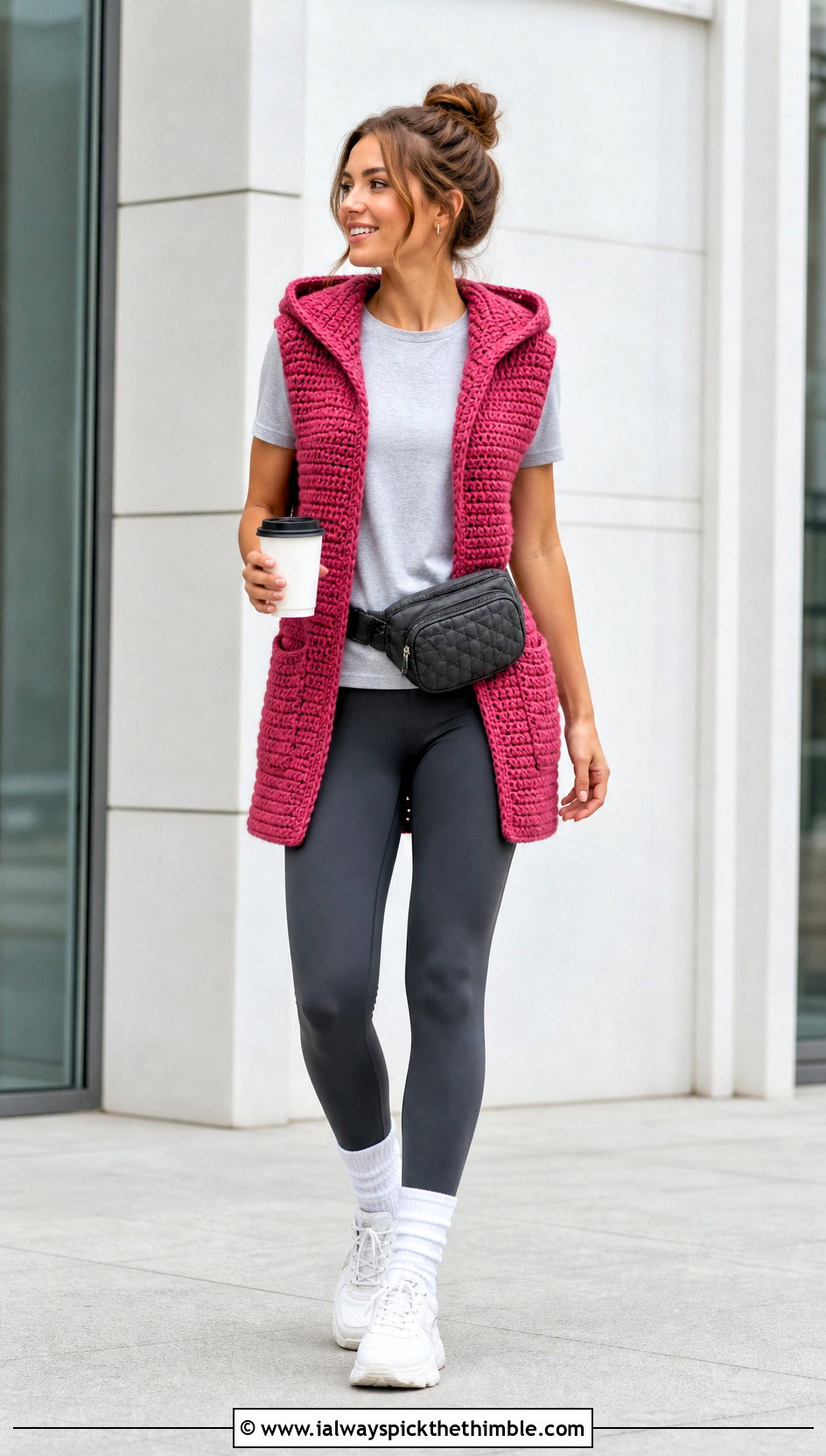 Hooded Crochet Waistcoat With Leggings - 25 crochet waist coat outfit ideas