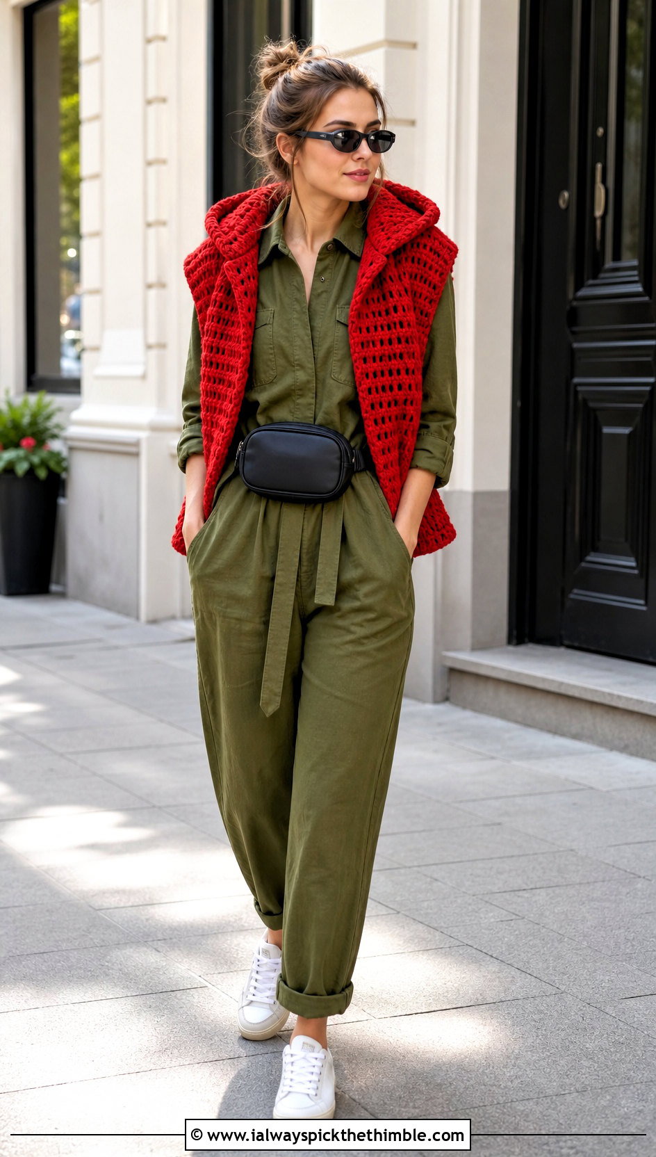 Hooded Crochet Waistcoat With Utility Jumpsuit - 15 easy crochet waistcoat outfit ideas