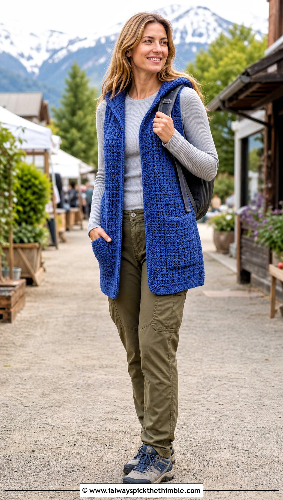 Hooded Crochet Waistcoat With Utility Pants - 20 ladies crochet waistcoat outfit ideas