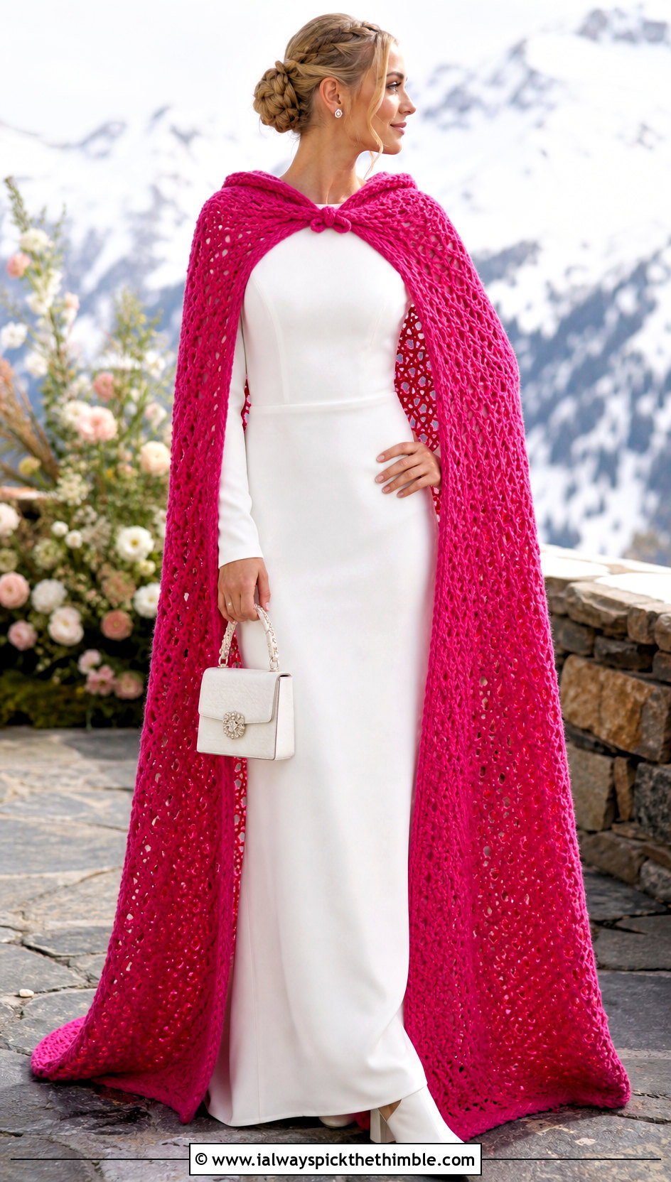 Hooded Crochet Wedding Cape With Long Sleeve Gown - 20 Crochet Wedding Cape outfit ideas