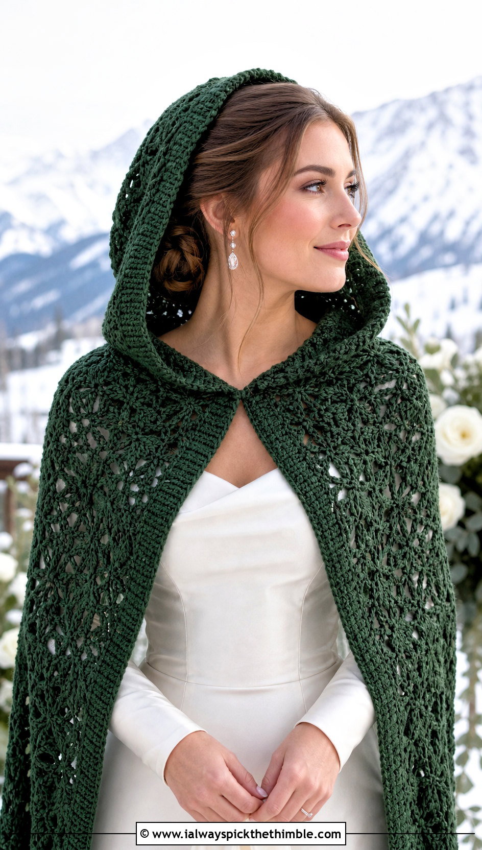 Hooded Crochet Wedding Shawl With Long Sleeve Gown - 25 crochet wedding shawl outfit ideas