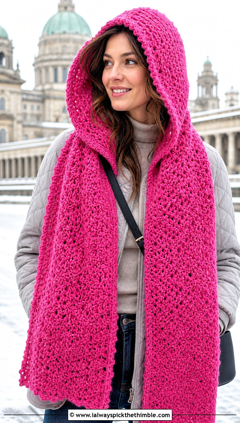 Hooded Crochet Wide Scarf With Quilted Jacket - 20 Crochet Wide Scarf outfit ideas