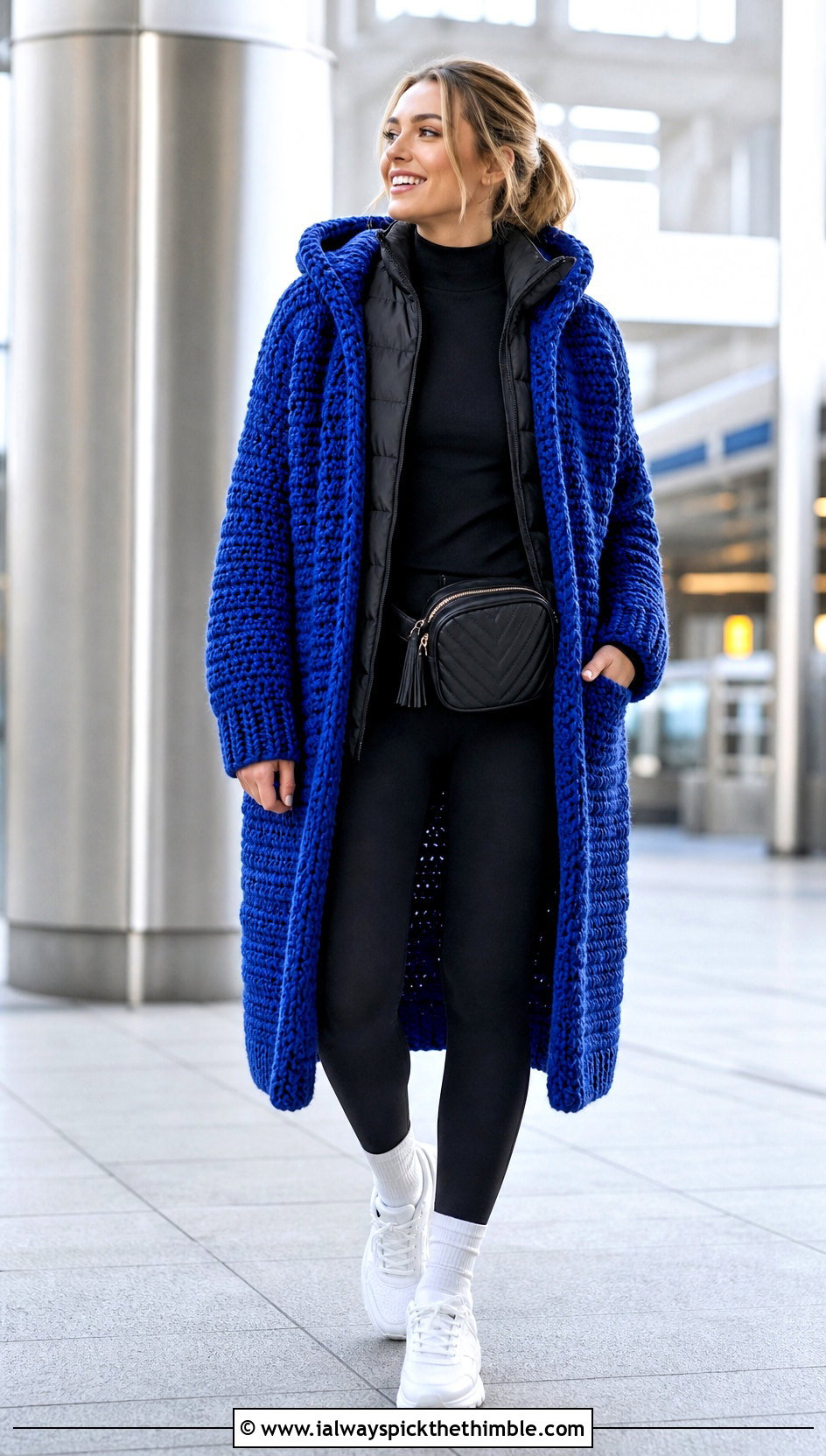 Hooded Crochet Winter Coat With Leggings And Sneakers - 20 Crochet Winter Coat outfit ideas