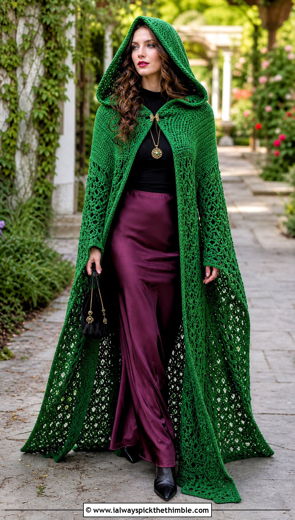 Hooded Crochet Witch Cloak With Satin Maxi Skirt - 20 crochet witch costume outfit ideas