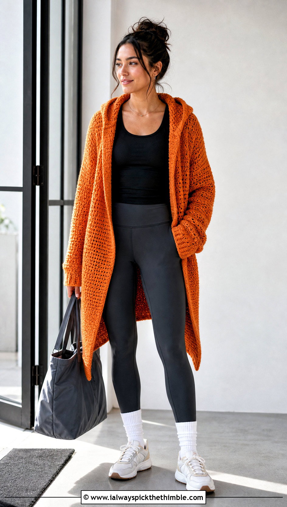 Hooded Crochet Wrap Cardigan With Leggings - 20 wrap crochet cardigan outfit ideas