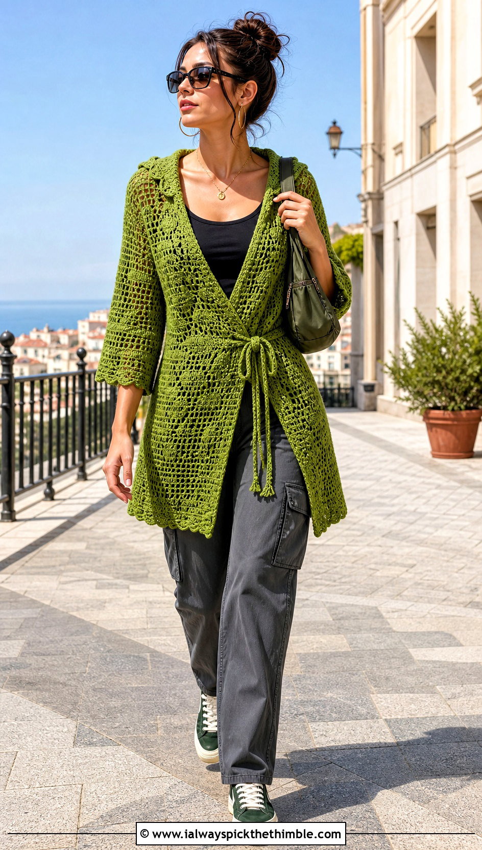 Hooded Crochet Wrap Dress With Cargo Pants - 25 crochet wrap dress outfit ideas