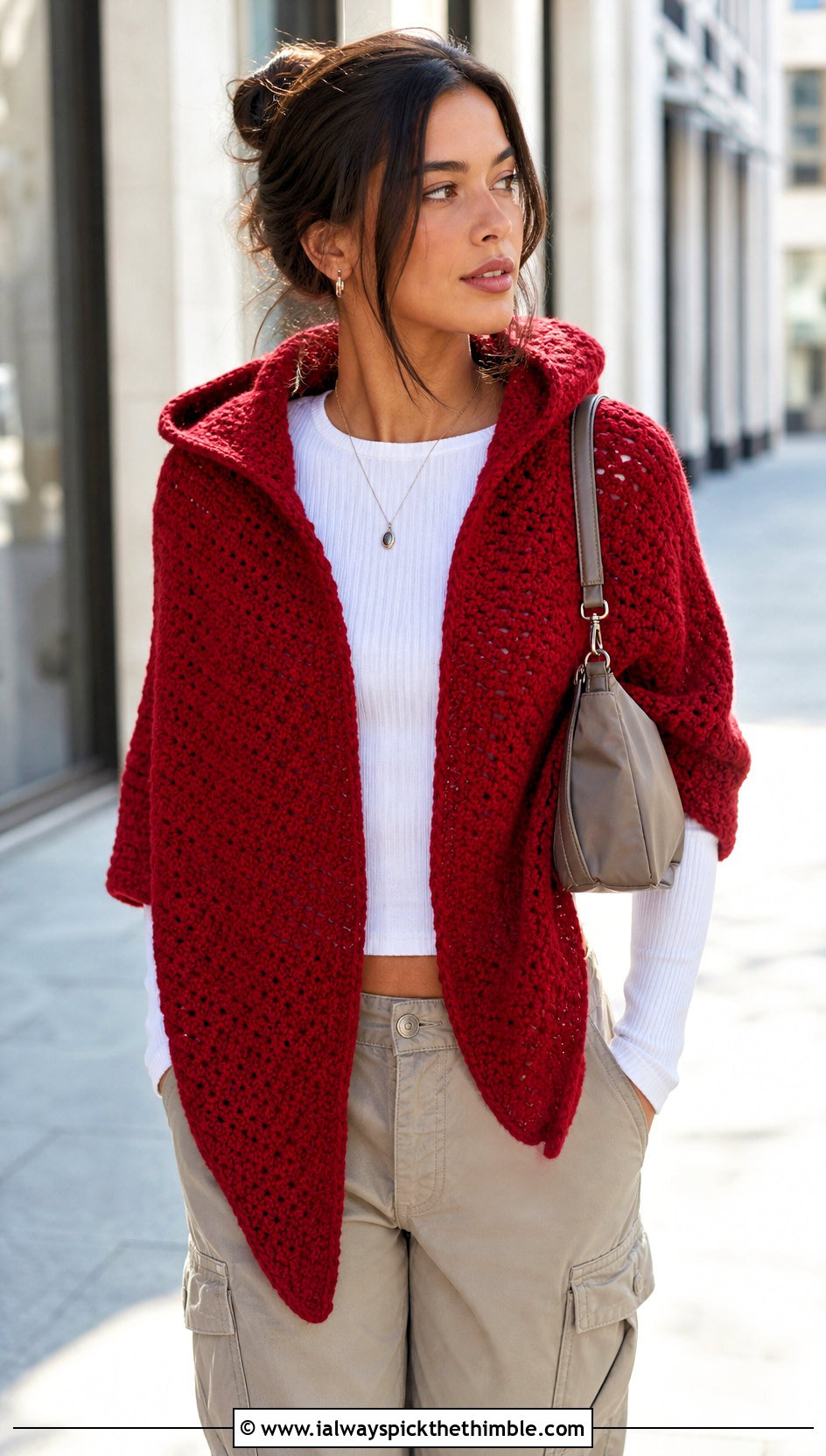 Hooded Crochet Wrap With Cargo Pants - 15 Crochet Wraps outfit ideas