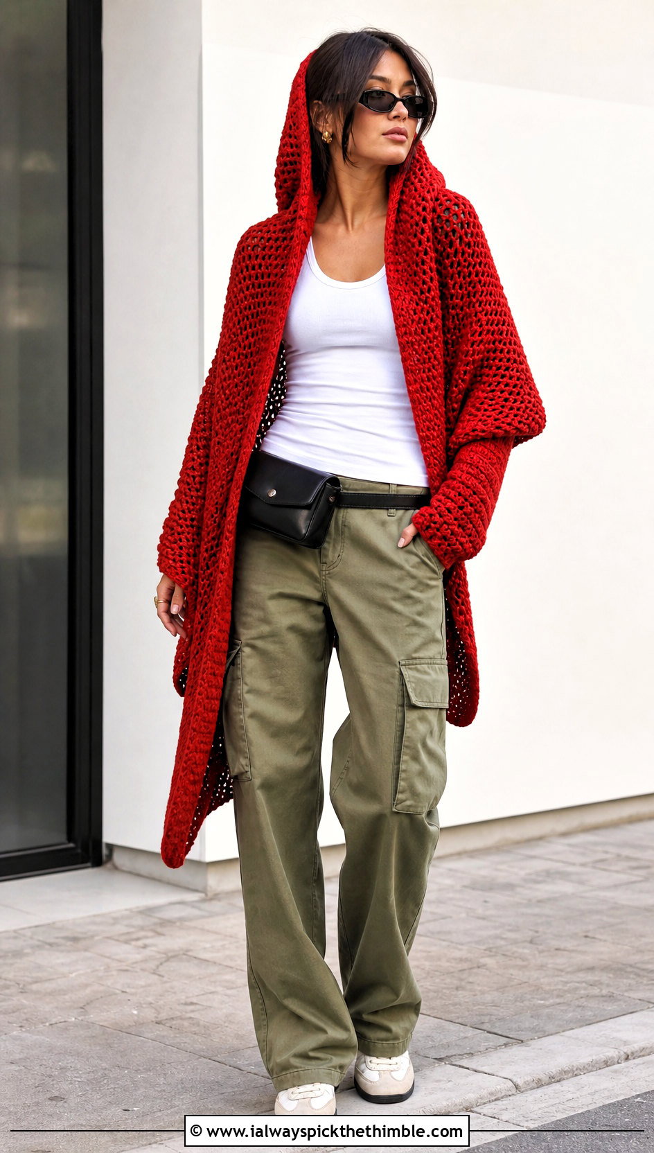 Hooded Crochet Wrap With Cargo Pants - 15 Beginner Crochet Wrap outfit ideas