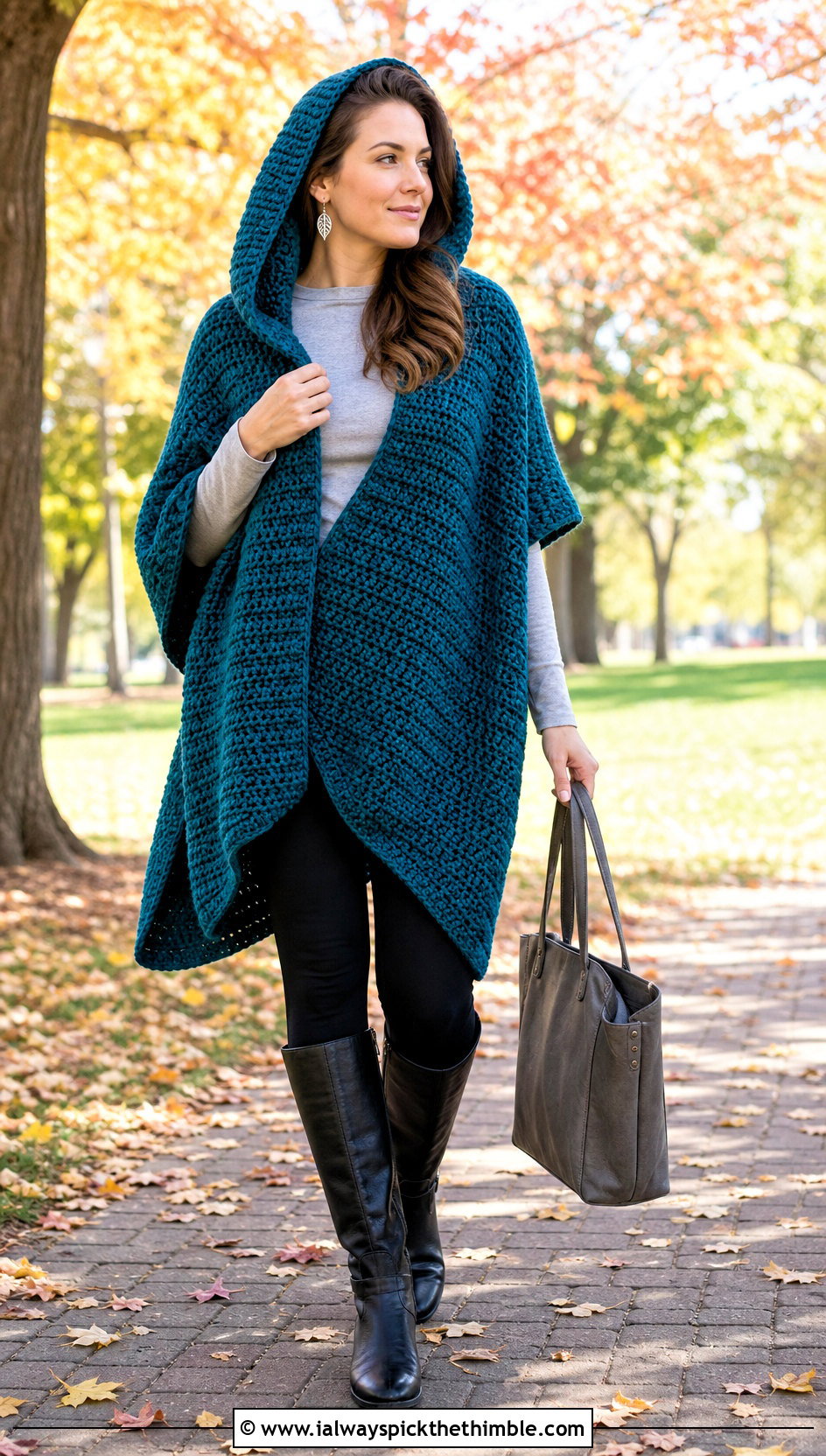 Hooded Crochet Wrap With Leggings And Boots - 25 crochet wrap with sleeves outfit ideas