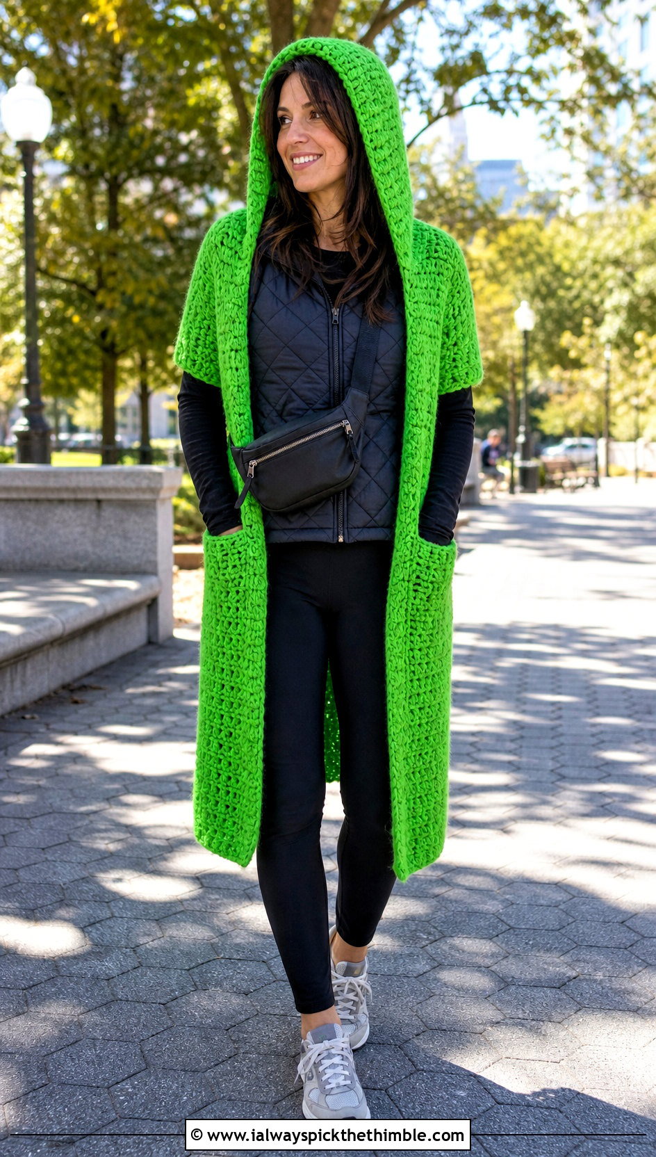 Hooded Crochet Wrap With Leggings And Sneakers - 25 crochet wrap with pockets outfit ideas