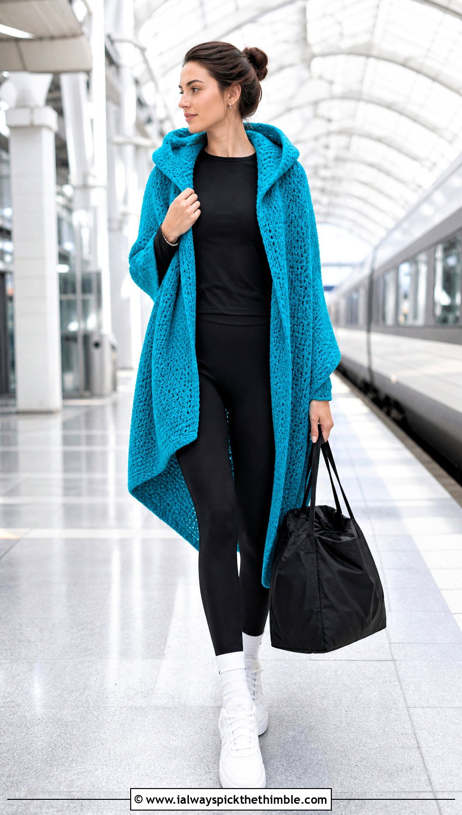 Hooded Crochet Wrap With Leggings And Sneakers - 20 beautiful crochet shawls and wraps outfit ideas