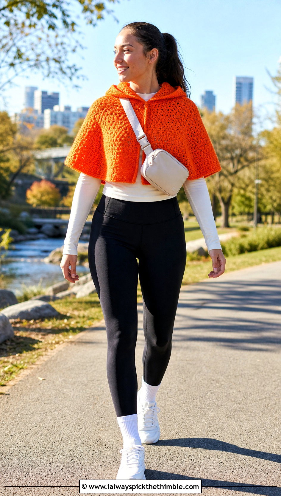 Hooded Crocheted Capelet With Leggings And Sneakers - 20 Crocheted Capelet outfit ideas