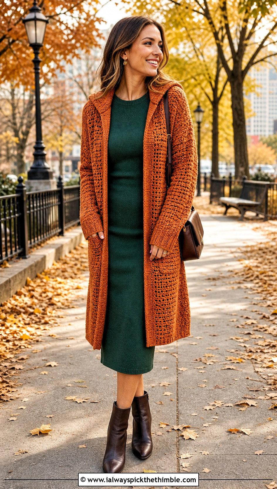 Hooded Crocheted Cardigan With Knit Midi Dress - 15 Easy Crocheted Cardigan outfit ideas