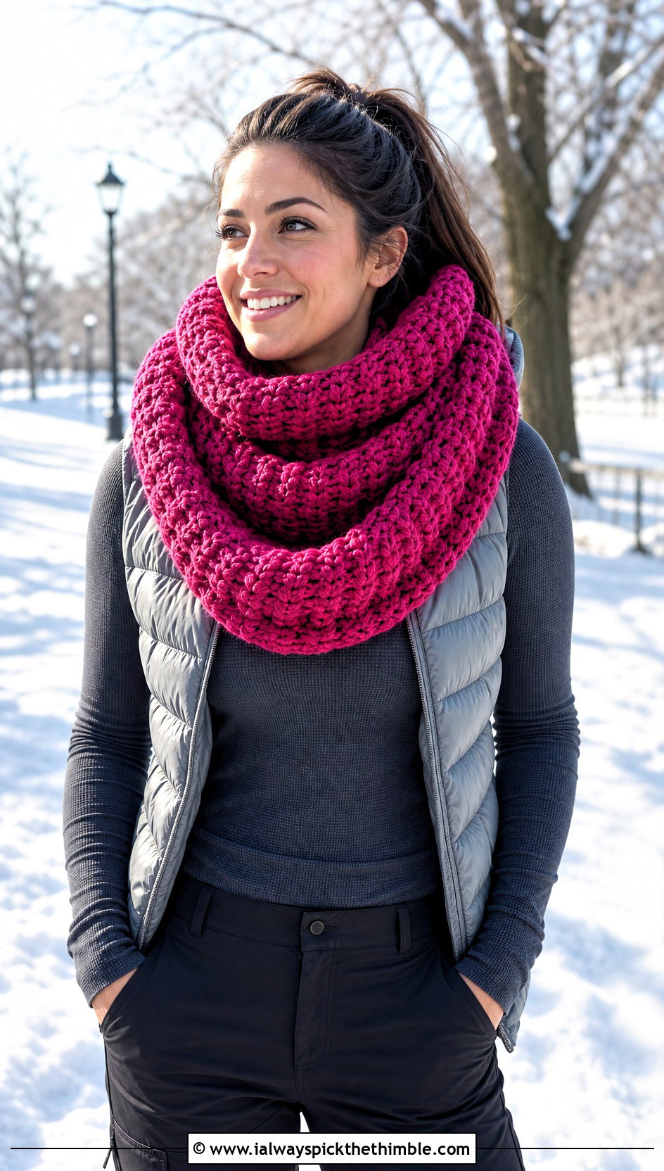 Hooded Crocheted Infinity Scarf With Puffer Vest - 15 Easy Crocheted Infinity Scarf outfit ideas