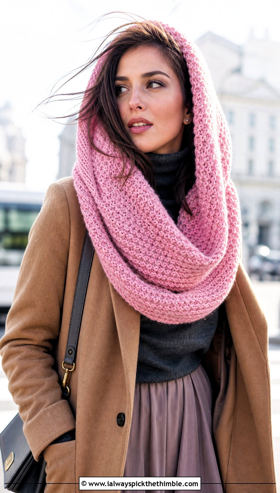 Hooded Crocheted Infinity Scarf With Wool Coat And Midi Skirt - 20 Crocheted Infinity Scarf outfit ideas