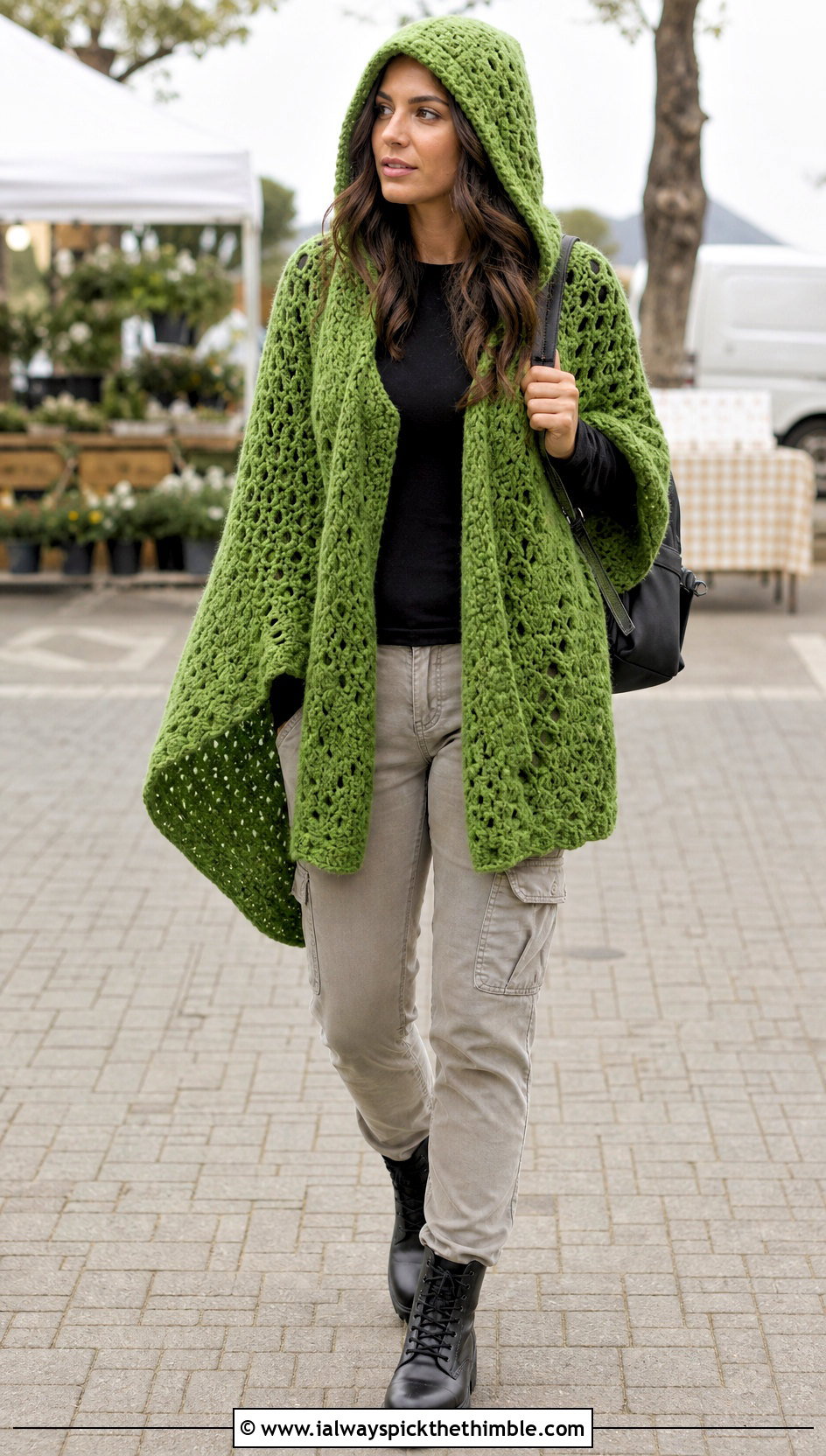 Hooded Crocheted Ruana With Cargo Pants - 20 Crocheted Ruana outfit ideas