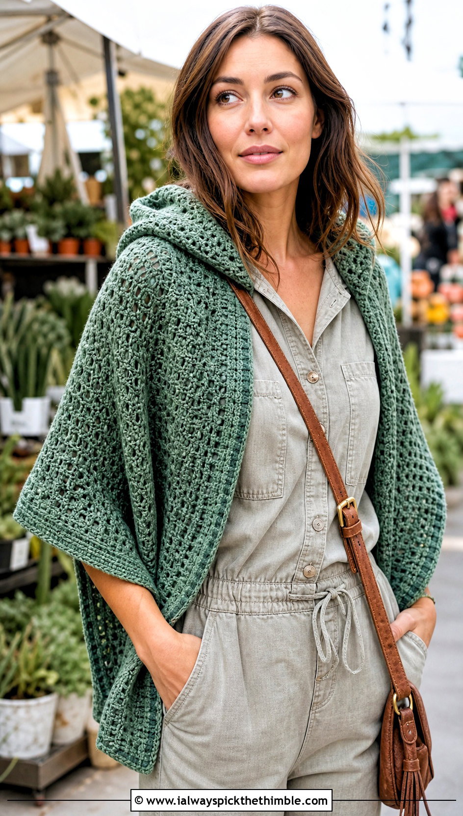 Hooded Crocheted Shawl With Utility Jumpsuit - 20 Crocheted Shawl outfit ideas