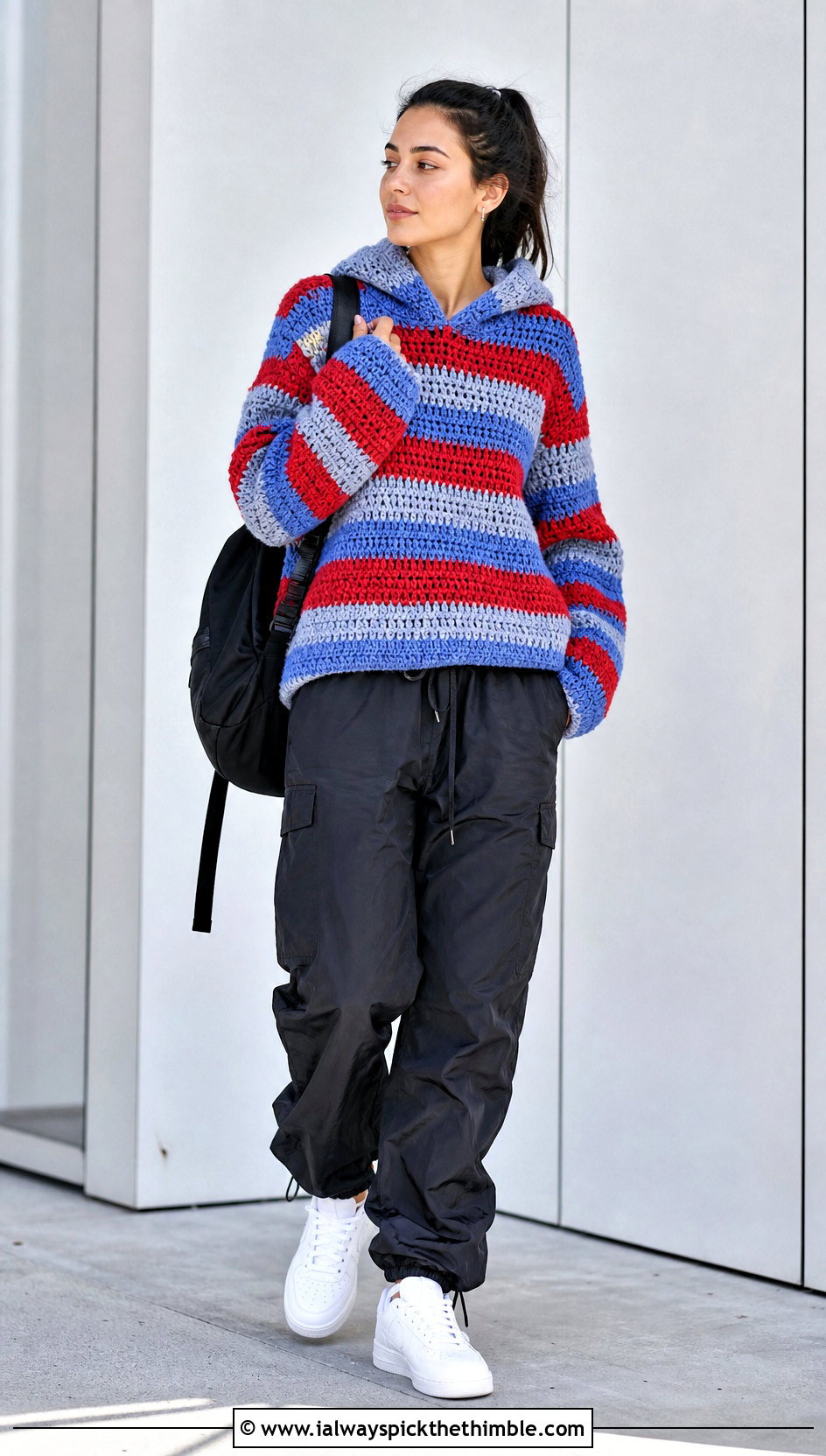 Hooded Crocheted Striped Sweater With Parachute Pants - 20 Crocheted Striped Sweater outfit ideas