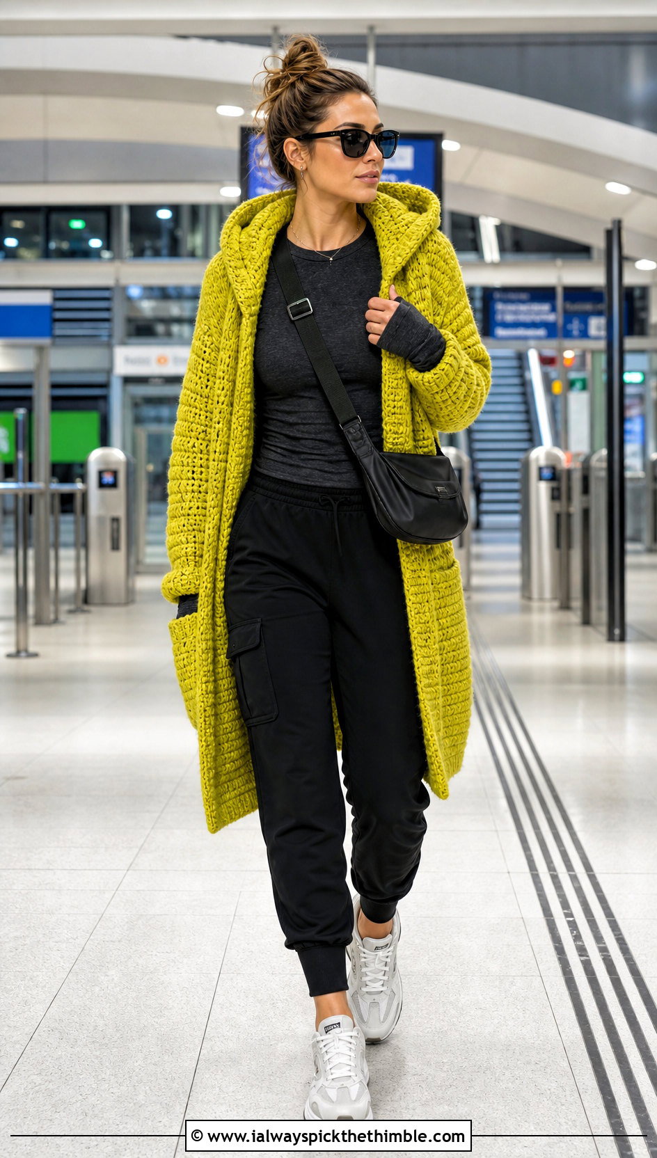 Hooded Crocheted Sweater Coat With Cargo Joggers - 15 colorful crocheted sweater coat outfit ideas