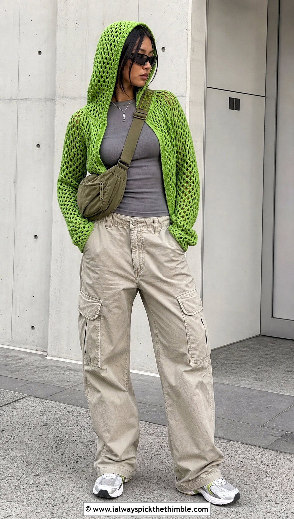 Hooded Crocheted Sweater With Cargo Pants - 25 crocheted sweaters outfit ideas
