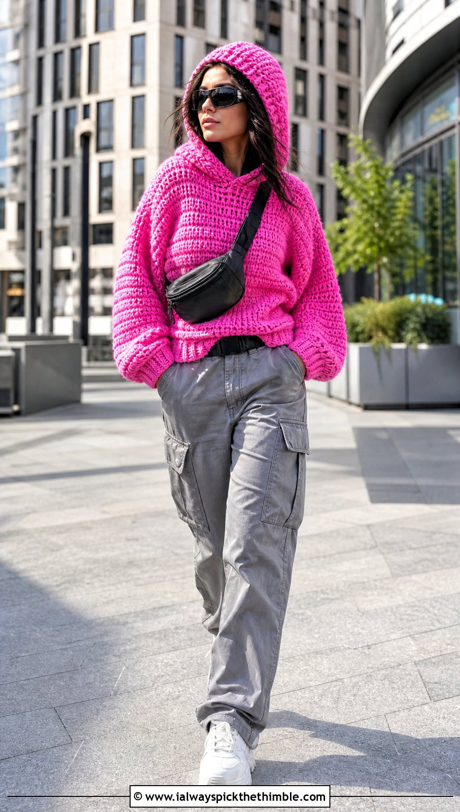 Hooded Crocheted Sweater With Cargo Pants - 20 Crocheted Sweater Outfit ideas