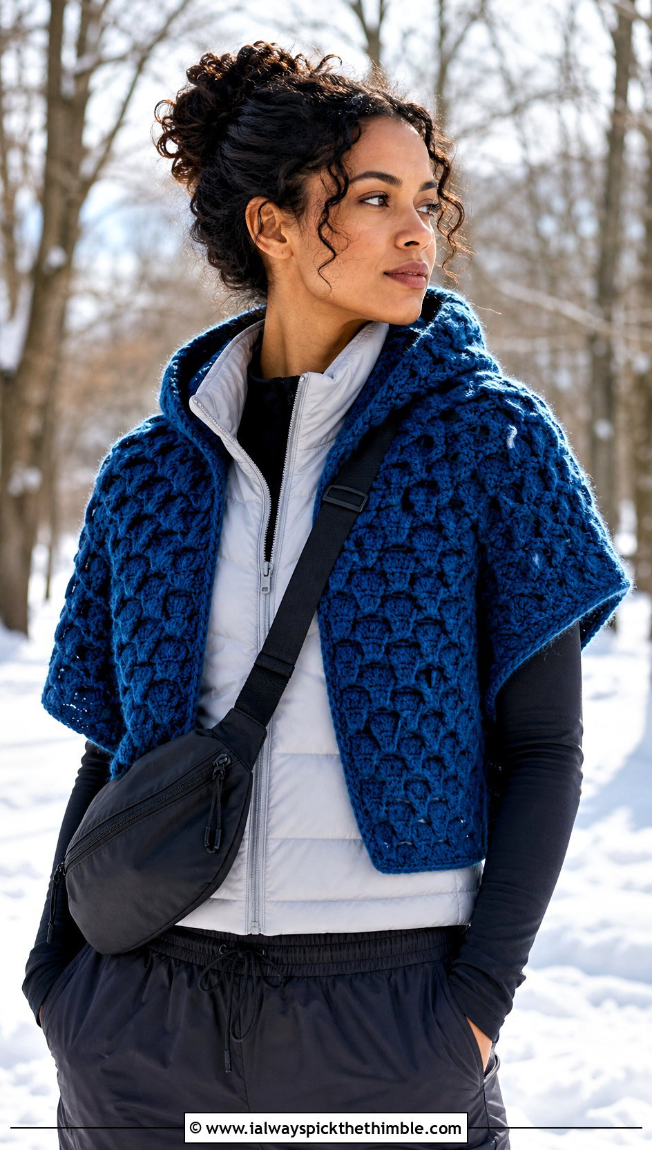 Hooded Crocodile Stitch Crochet Shawl With Puffer Vest - 15 crocodile stitch crochet shawl outfit ideas