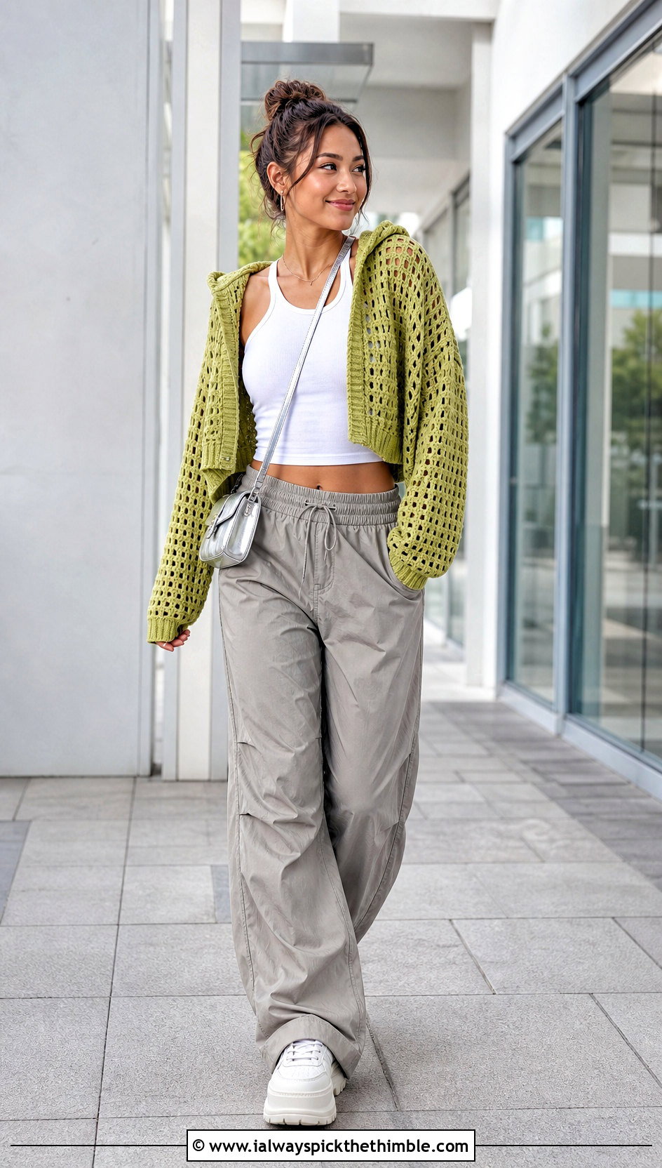 Hooded Crop Crochet Cardigan With Parachute Pants - 20 crop crochet cardigan outfit ideas