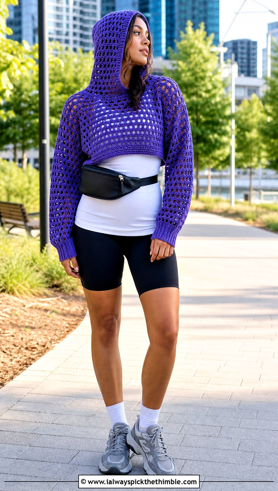 Hooded Cropped Crochet Sweater With Bike Shorts - 25 crochet cropped sweater outfit ideas