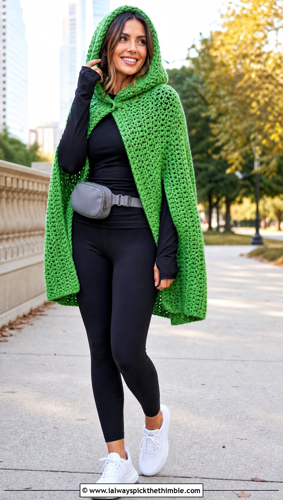 Hooded DIY Crochet Cape With Leggings And Sneakers - 15 diy crochet cape outfit ideas