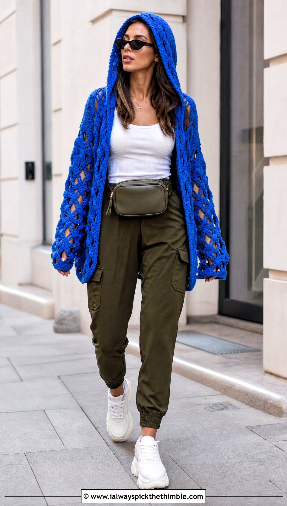 Hooded Diamond Crochet Cardigan With Cargo Pants - 20 diamond crochet cardigan outfit ideas