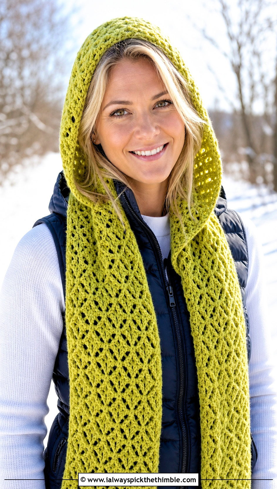 Hooded Diamond Crochet Scarf With Puffer Vest - 15 diamond crochet scarf outfit ideas