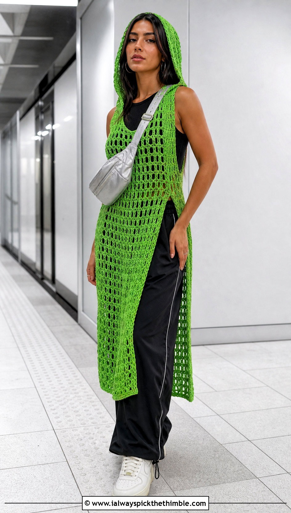 Hooded Distressed Crochet Dress With Track Pants - 20 Distressed Crochet Dress outfit ideas