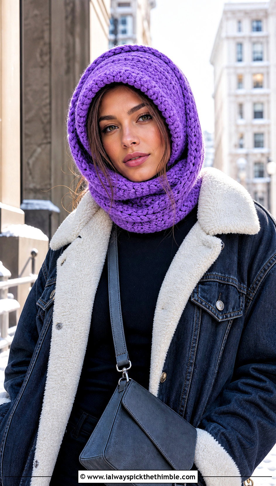 Hooded Double Layer Crochet Beanie With Shearling Jacket - 15 Double Layer Crochet Hat outfit ideas