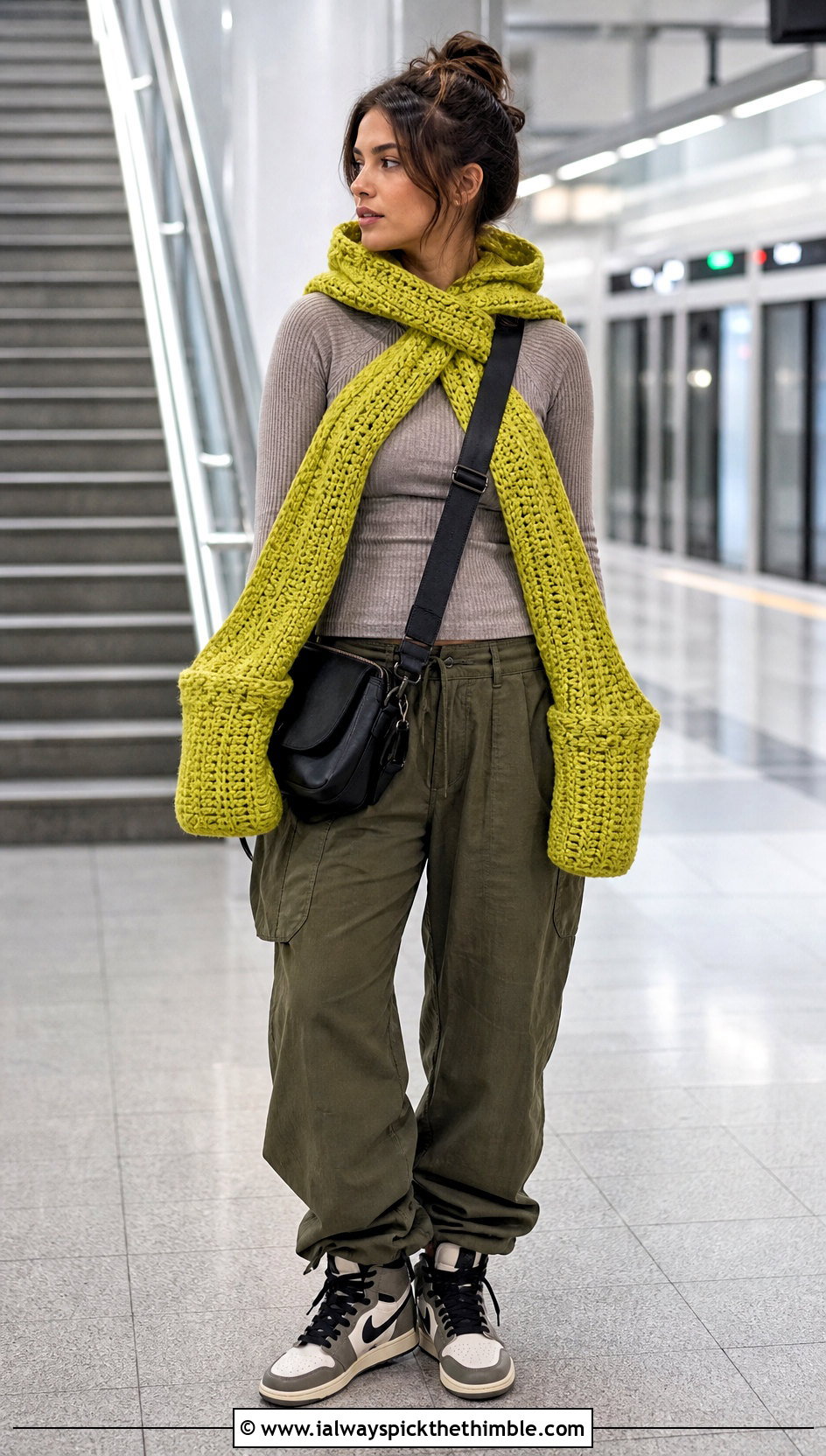 Hooded Double Sleeve Scarf With Cargo Pants - 20 crochet double sleeve scarf outfit ideas