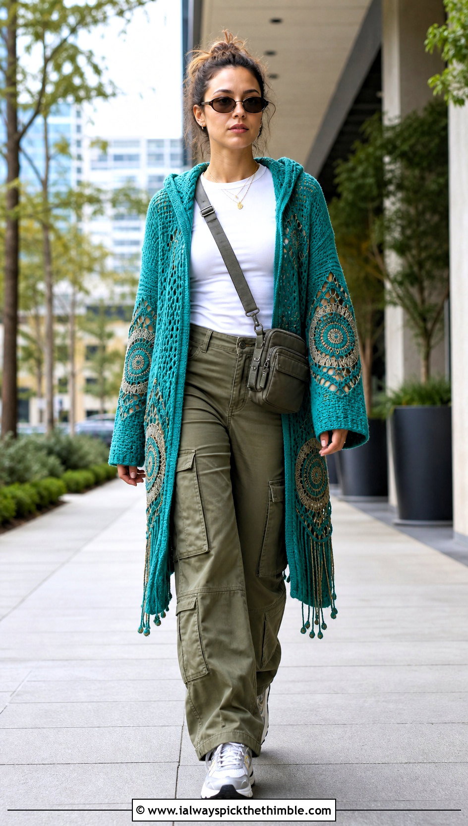 Hooded Dream Catcher Cardigan With Cargo Pants - 20 dream catcher crochet cardigan outfit ideas