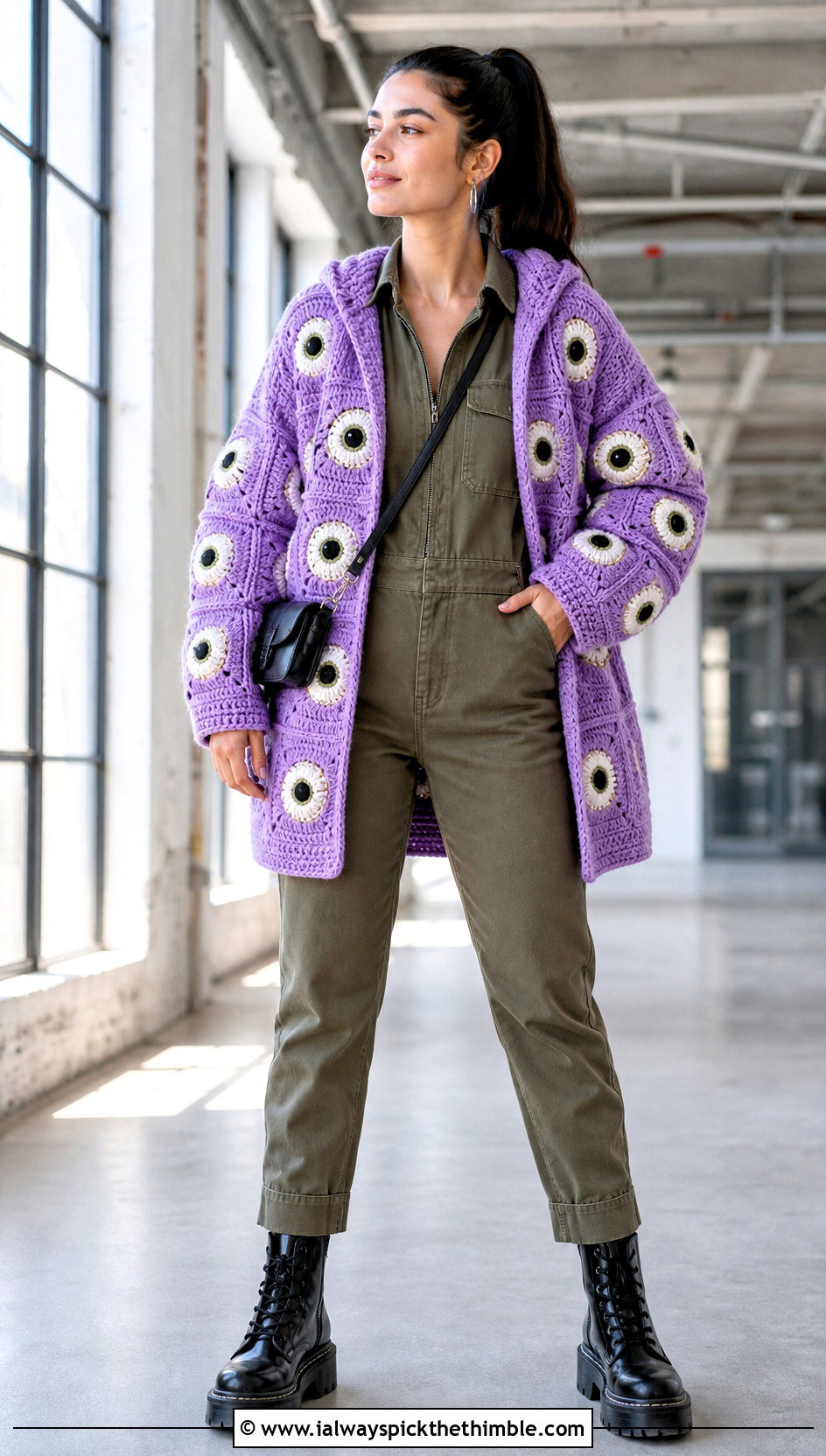 Hooded Eyeball Cardigan With Utility Jumpsuit - 15 Crochet Eyeball Cardigan outfit ideas