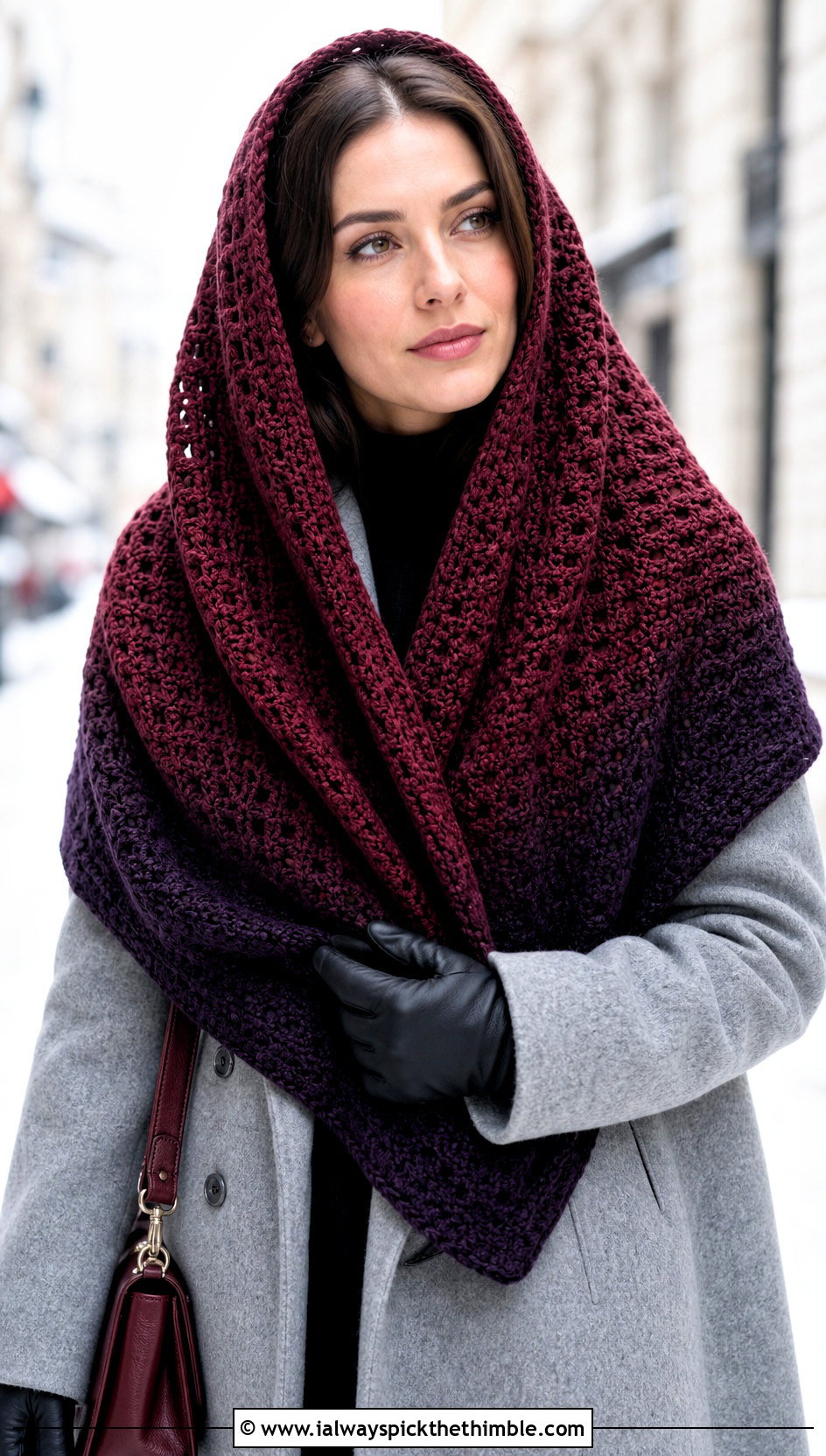Hooded Fade Shawl With Long Wool Coat - 15 Crochet Fade Shawl outfit ideas