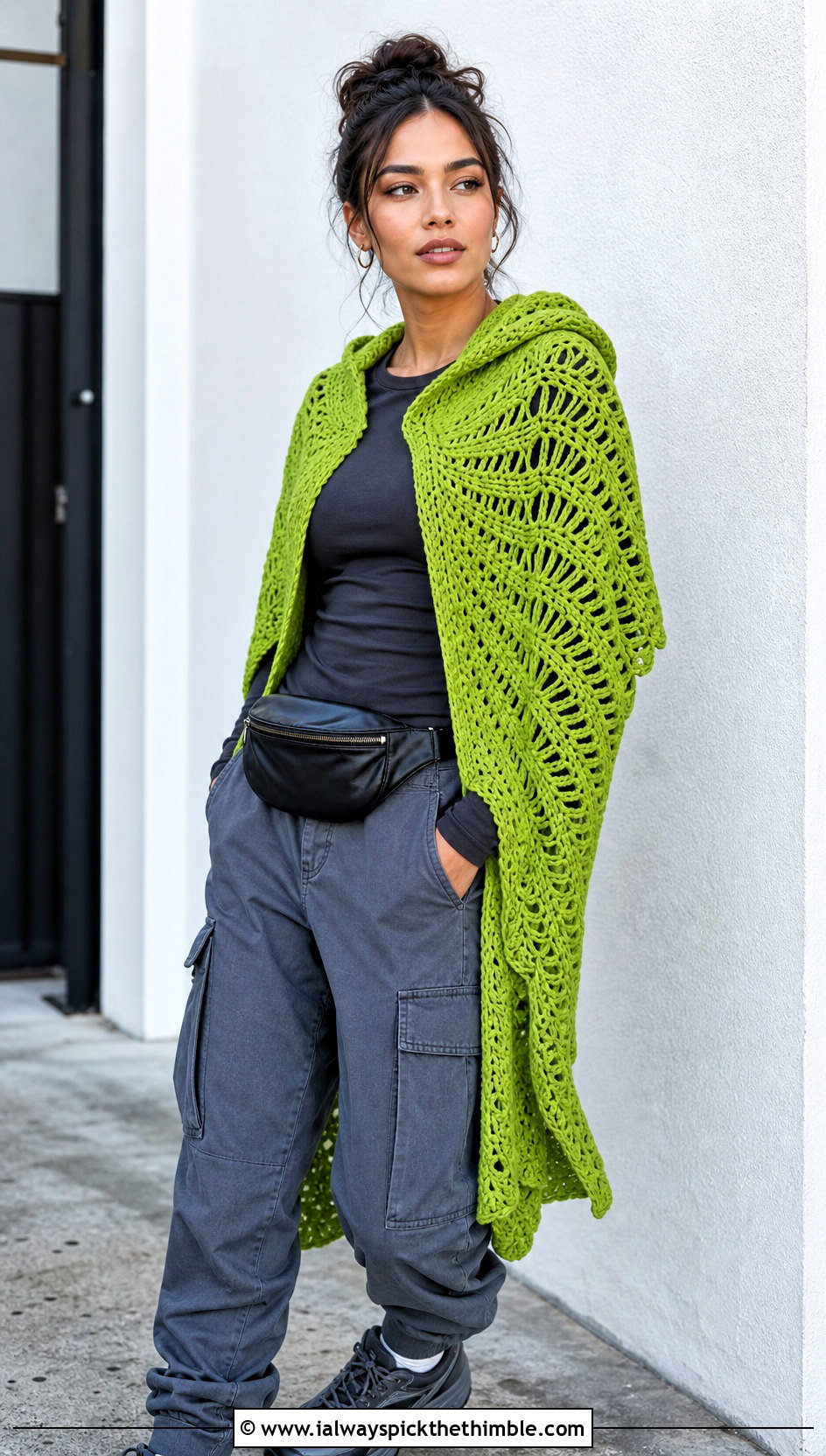 Hooded Fan Stitch Shawl With Cargo Pants - 20 Crochet Fan Stitch Shawl outfit ideas
