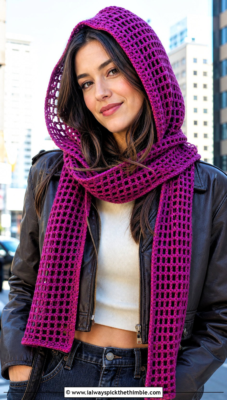 Hooded Filet Crochet Scarf With A Leather Jacket And Jeans - 25 filet crochet scarf outfit ideas