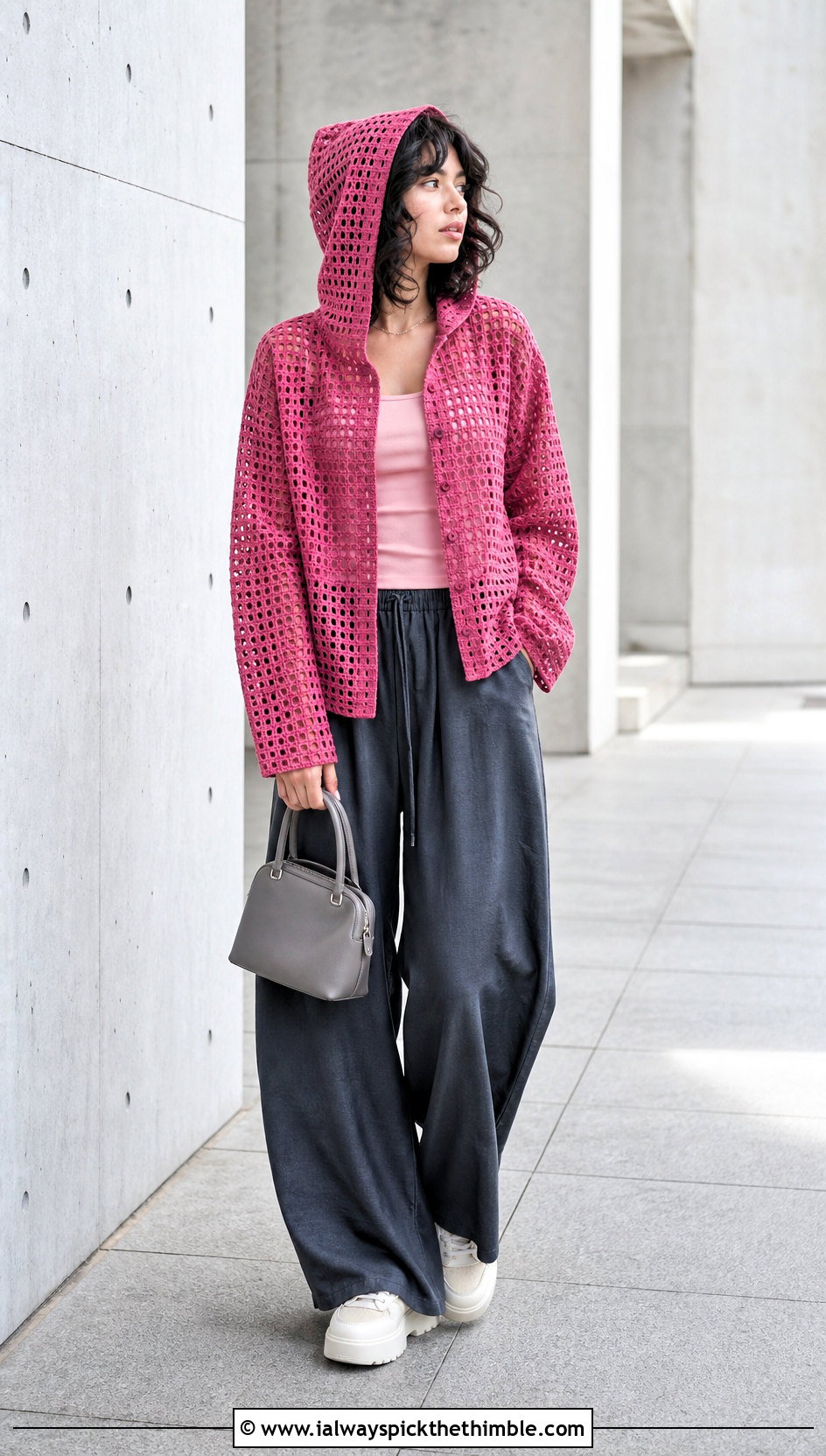 Hooded Filet Crochet Shirt With Wide Leg Trousers - 20 filet crochet shirt outfit ideas